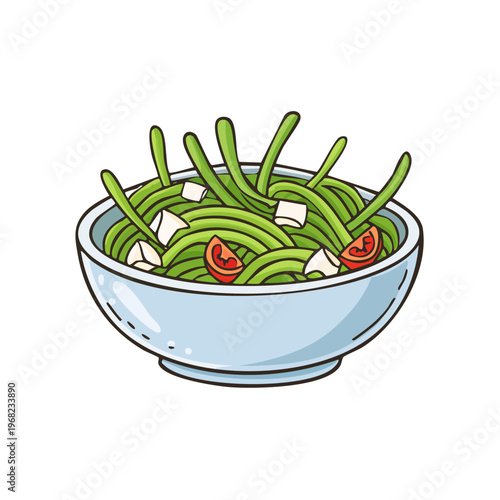 Healthy Green Bean Salad with Cherry Tomatoes and Feta Cheese in a Blue Bowl