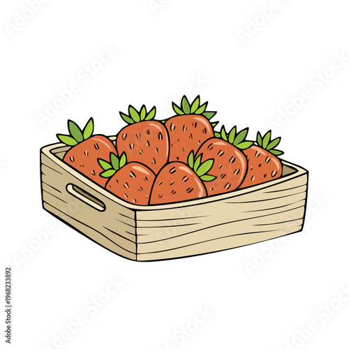 Fresh red strawberries overflowing from a rustic wooden crate illustration