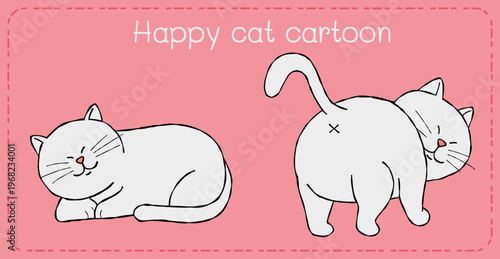 Happy cat cartoon playful kitten illustration pink background minimal design