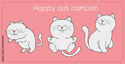 Cat cartoon happy kitten playful character white animal cute smile pink background minimal style illustration