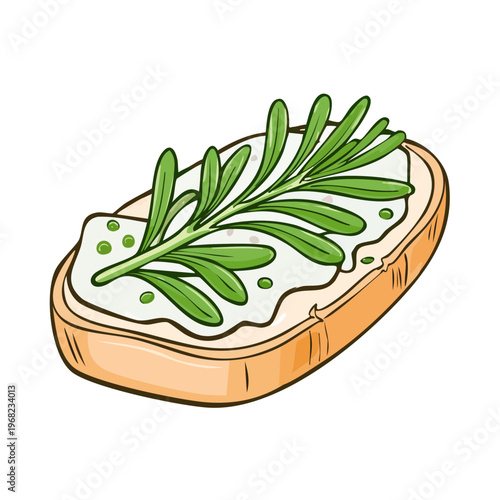 Hand drawn illustration of a slice of bread with cream cheese and a fresh rosemary sprig