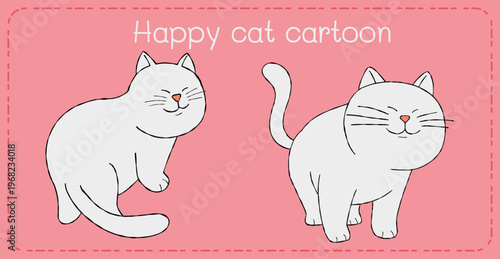 Happy cat cartoon pink background minimal line drawing playful kitten illustration design cute smiley pet art