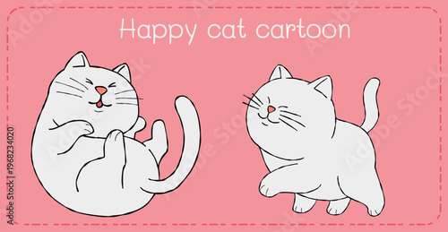 Happy cat cartoon playful pink background cute cat cartoon character white cat illustration smiling cat drawing playful