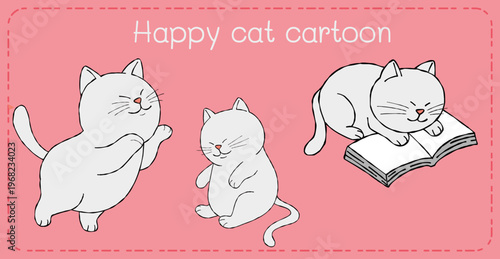 Cat cartoon happy kitten illustration playful feline reading book on pink background
