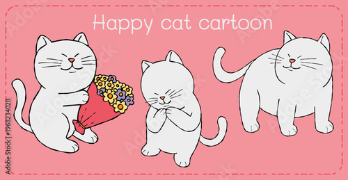 Cat cartoon happy cat bouquet pink background cute kitten character illustration playful pose set