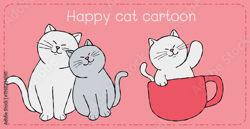 Happy cat cartoon illustration pink background playful feline art
