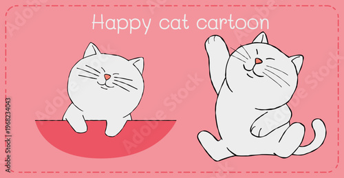 Happy cat cartoon illustration pink background cute smiling kitten minimal line art playful character wave pose
