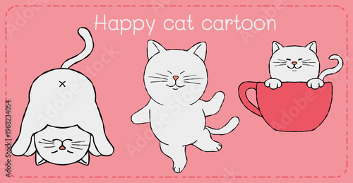 Happy cat cartoon character pink background playful mood, cute feline humor for children illustration
