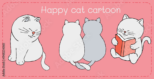 Happy cat cartoon illustration with cute kitten reading book on pink background in simple flat style art