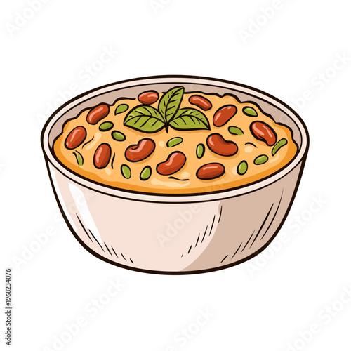 Bowl of warm kidney bean stew garnished with fresh mint leaves and peas for a healthy meal