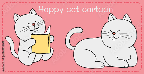 Happy cat cartoon character reading book on pink background feeling relaxed and playful