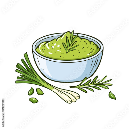 Fresh Green Herb Sauce in a Bowl with Rosemary and Scallions