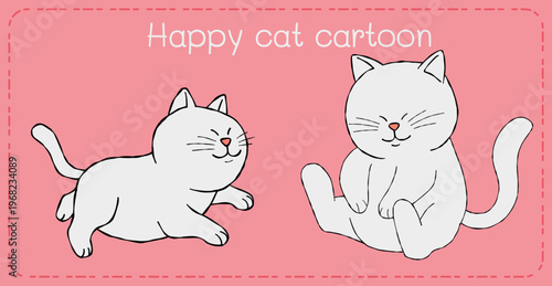 Happy cat cartoon pink background minimal line art joyful pet kitten illustration