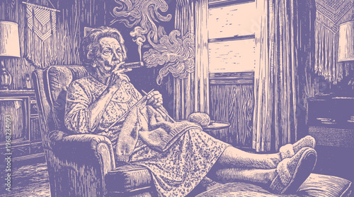 Vector illustration of an elderly woman smoking a large Cuban cigar and knitting in a cozy armchair in a vintage living room. Retro engraving.
