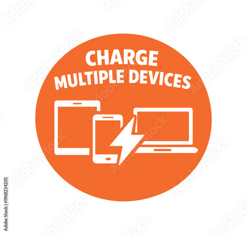 Charge multiple devices badge. multiple charging, phone, tablet, laptop, simultaneous charging, usb, power sharing. flat vector illustration isolated on white background.