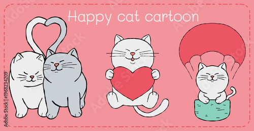 Happy cat cartoon love heart kitten cute pink background