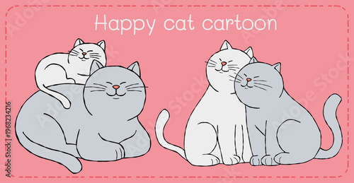 Happy cat cartoon family cuddle on pink background with cute smiling kitten illustration style