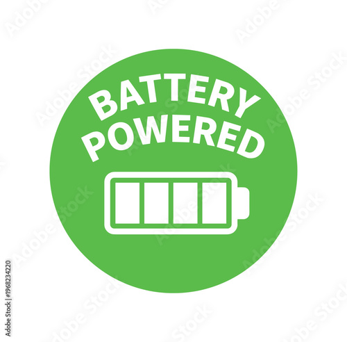 Battery powered badge. battery, power, energy, rechargeable, portable, eco, green, full charge, indicator. flat vector illustration isolated on white background.