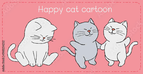 Happy cat cartoon illustration with cute smiling kitten friends playful mood on pink background