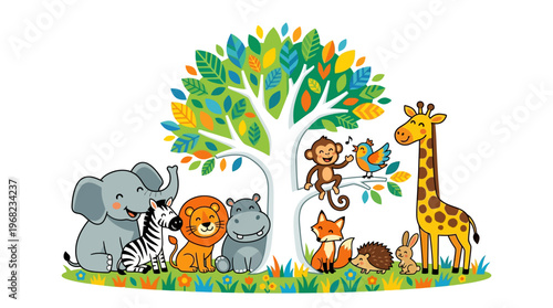 Colorful illustration of various wild animals.