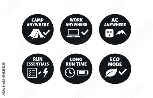 Portable power icon set. camp anywhere, work anywhere, ac anywhere, run essentials, long run time, eco mode. line, flat and colored vector icon set.