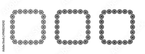 Set of square frames with flower borders isolated on white background. Floral quadrangular vignettes with lotus or chrysanthemum shapes. Simple design elements. Vector graphic illustration.