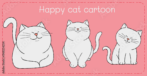 Cat cartoon happy feline trio pink background illustration playful character cute smile minimal line art