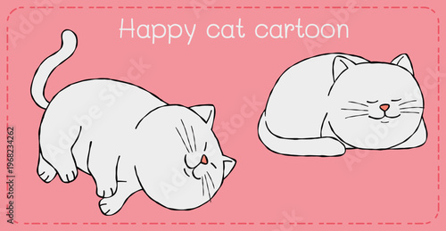 Happy cat cartoon illustration pink background cute feline playful pose sleeping pose minimal line art