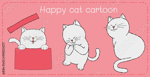 Happy cat cartoon illustration playful pink background cute white kitten art