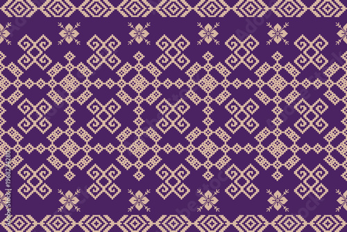 This image shows a purple fabric pattern with a traditional Thai geometric design. The motif features interlocking diamond shapes and floral accents arranged symmetrically on a deep purple background.