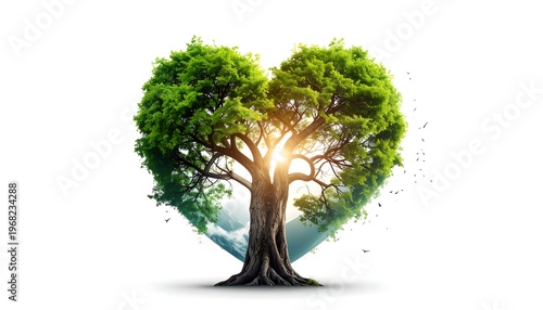 A heart-shaped tree with lush green foliage, a sturdy trunk, and the sun shining brightly through the center