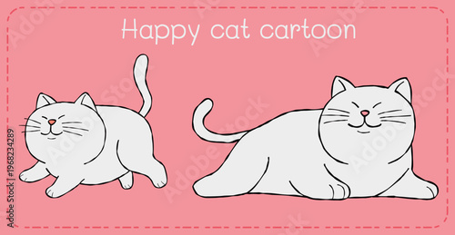 Happy cat cartoon illustration pink background minimal line art playful kitten relaxed feline smiley character