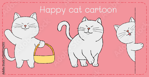 Happy cat cartoon trio with playful expression on pink background for cute greeting card design