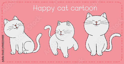 Happy cat cartoon illustration playful kitten trio on pink background simple flat design art