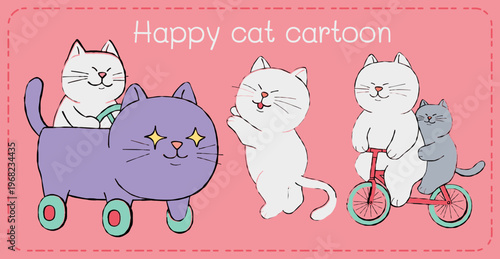 Cute cat cartoon character pattern happy design pink background illustration