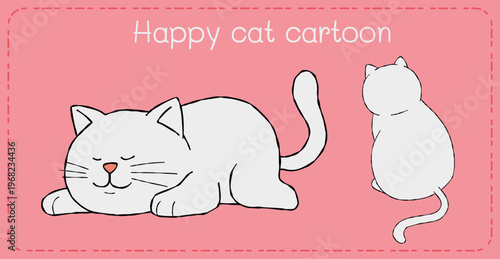 Happy cat cartoon illustration with white kitty lying and sitting on pink minimal background