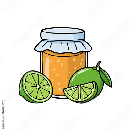 Cartoon jar of orange marmalade jam with limes and lime slices illustration