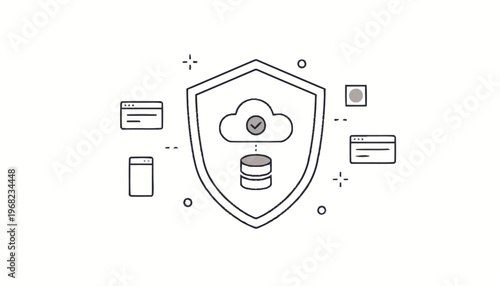 Cloud data security shield with database and checkmark illustration.