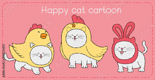 Happy cat cartoon character trio on pink background with cute animal costume and playful mood