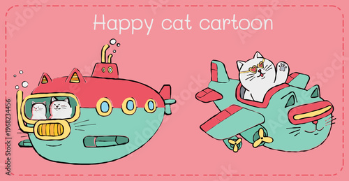 Happy cat cartoon submarine airplane illustration pink background