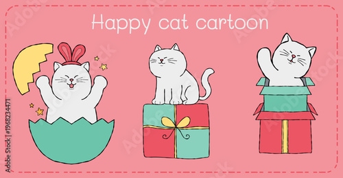 Happy cat cartoon gift box pastel cute cat cartoon pastel white cat cartoon pink cat cartoon egg shell playful cat cartoon