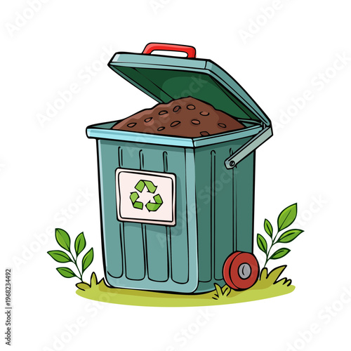 Cartoon Compost Bin Overflowing with Soil and Greenery, Recycling Symbol