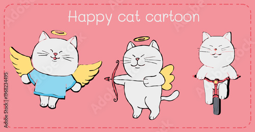 Happy cat cartoon angel wing bicycle pastel background, cute feline character illustration design playful mood