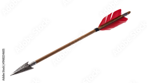 Tableau sur toile Detailed antique wooden arrow with ornate silver arrowhead and vibrant red feath