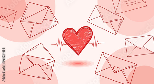 Hand-drawn heart with envelopes and heartbeat line, love letter concept