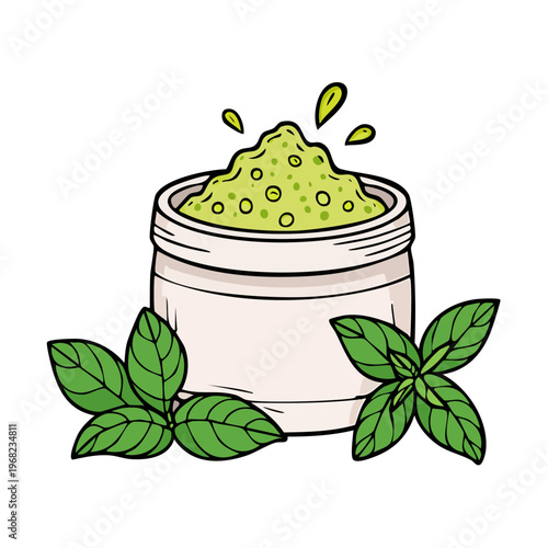 Fresh Green Pesto Sauce in a Jar with Basil Leaves Ingredient Illustration