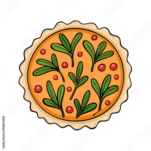 Hand drawn illustration of a savory tart with orange filling and fresh green herbs and red berries