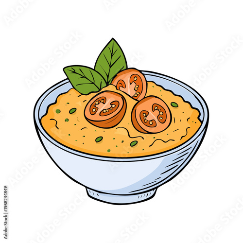 Hand drawn illustration of a bowl of savory porridge topped with sliced tomatoes and basil leaves