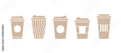 Basic flat icon collection of disposable paper coffee cups.