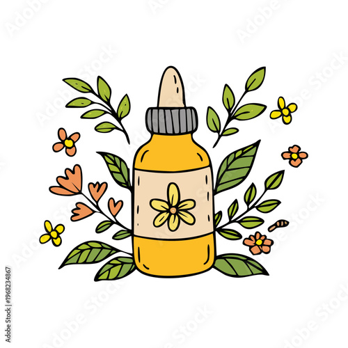 Whimsical Dropper Bottle with Floral and Leafy Accents, Hand-Drawn Style